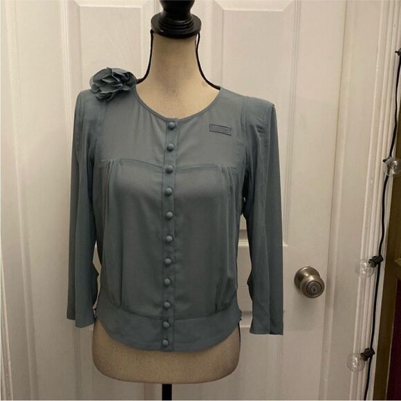 Byron Lars Elegant Blue/gray Women's Top with Floral brooch Accent, S - Picture 1 of 9